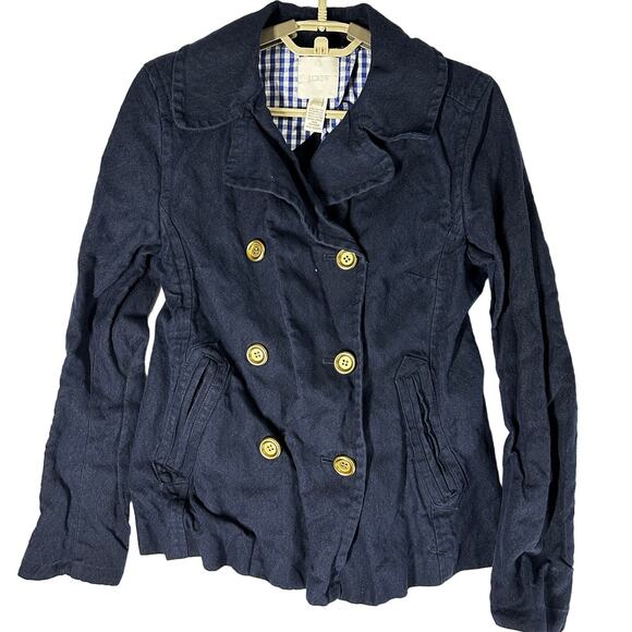 J Crew Peacoat Womens Size 4 Navy Blue Cotton Blend Double Breasted Jacket - Picture 1 of 9